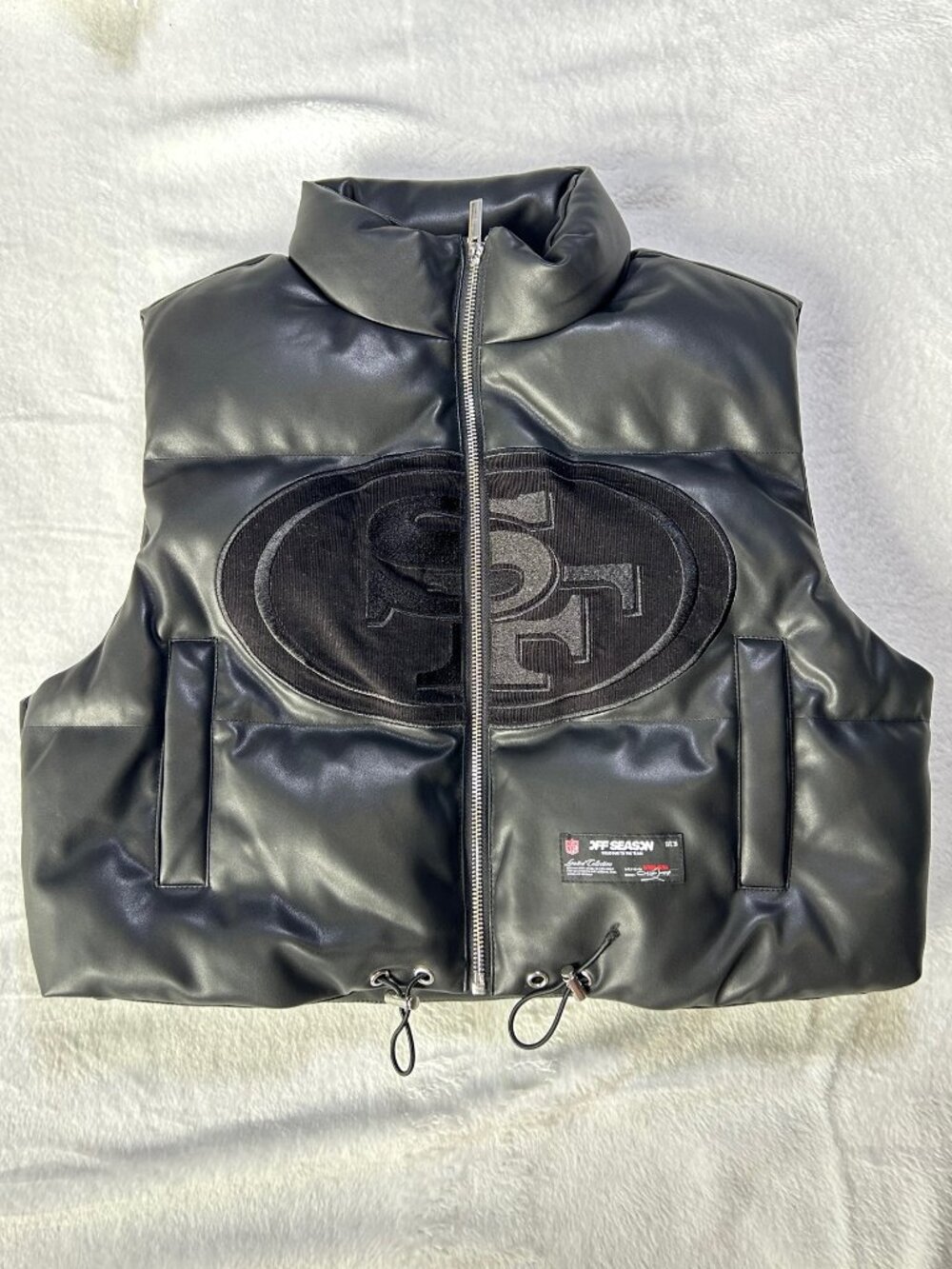 Women's Black San Francisco 49ers Faux Leather Cropped Puffer Vest - Size Small